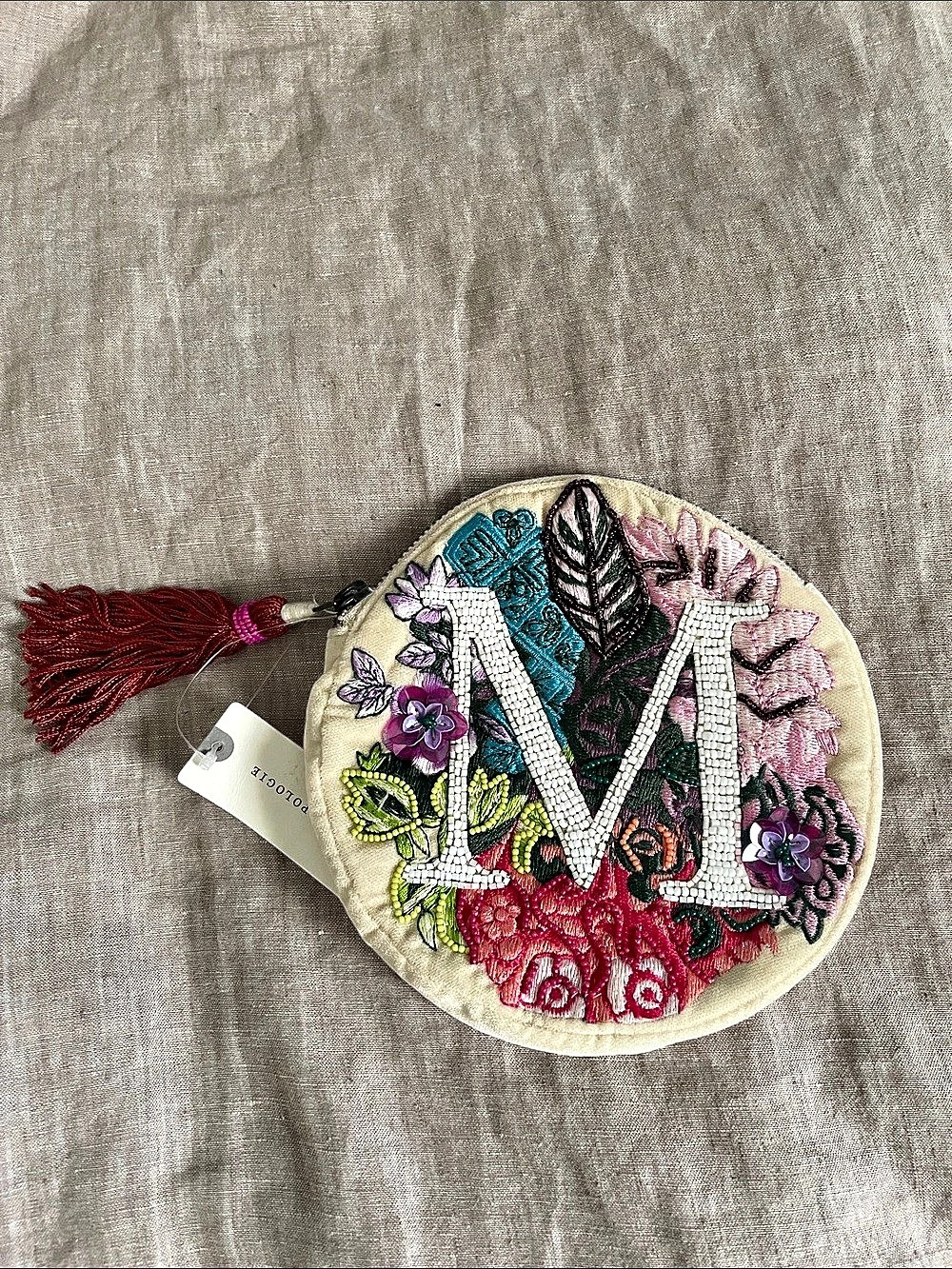 Anthropologie Beaded Monogram Pouch Mini Bag Multicolor & Pink